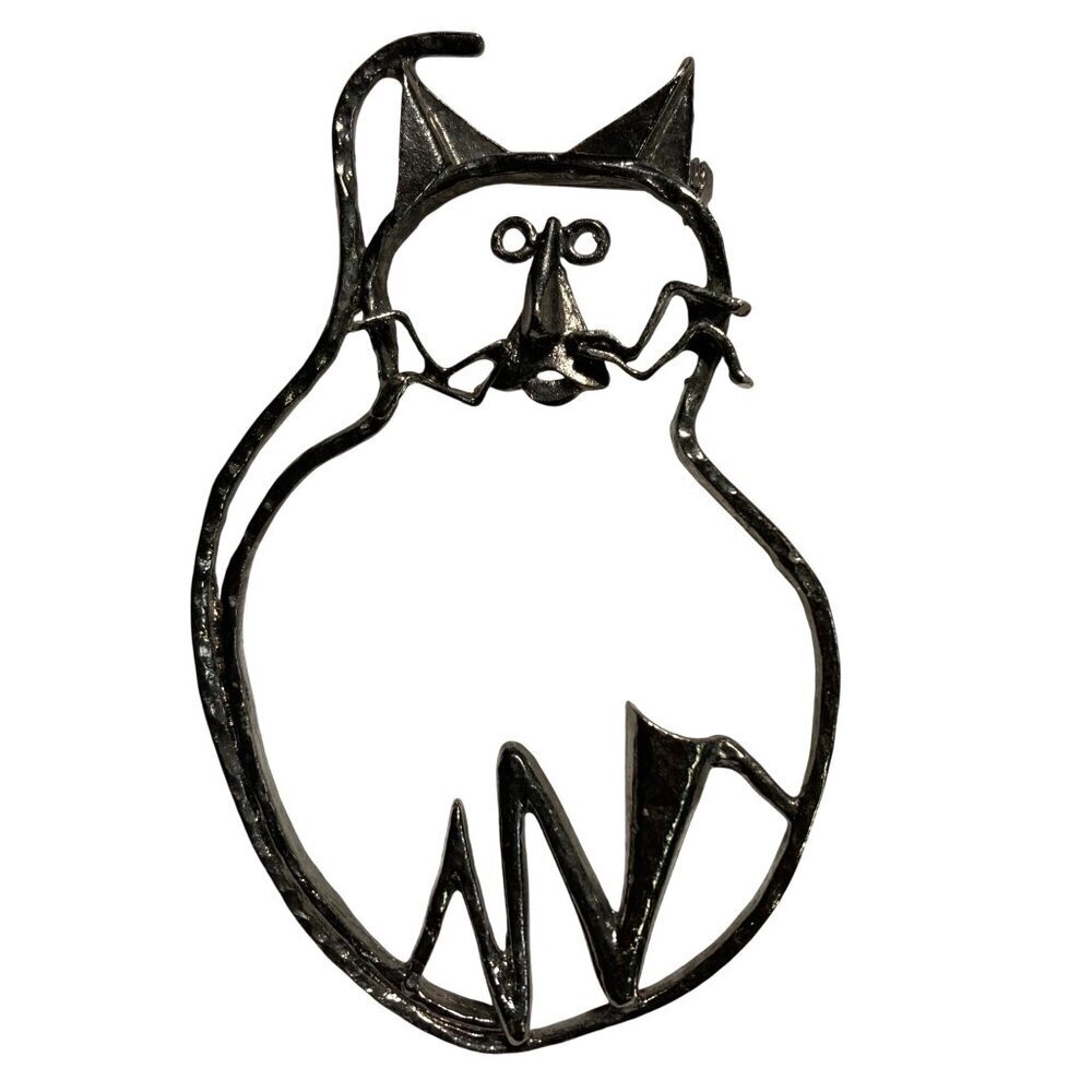 Vintage Large Cat Cartoon Brooch Bronze Tone Outline Silhouette Cat Lady 80s